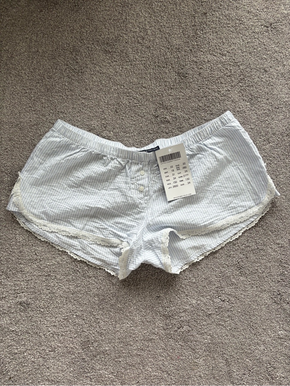 Brandy Melville Light Blue Striped Lace-Trim Sleep Shorts (O/S)